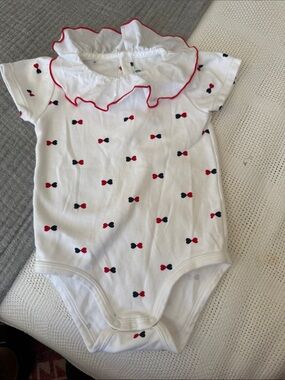 Jacadi White Onesie with Red and Navy Bow Motif